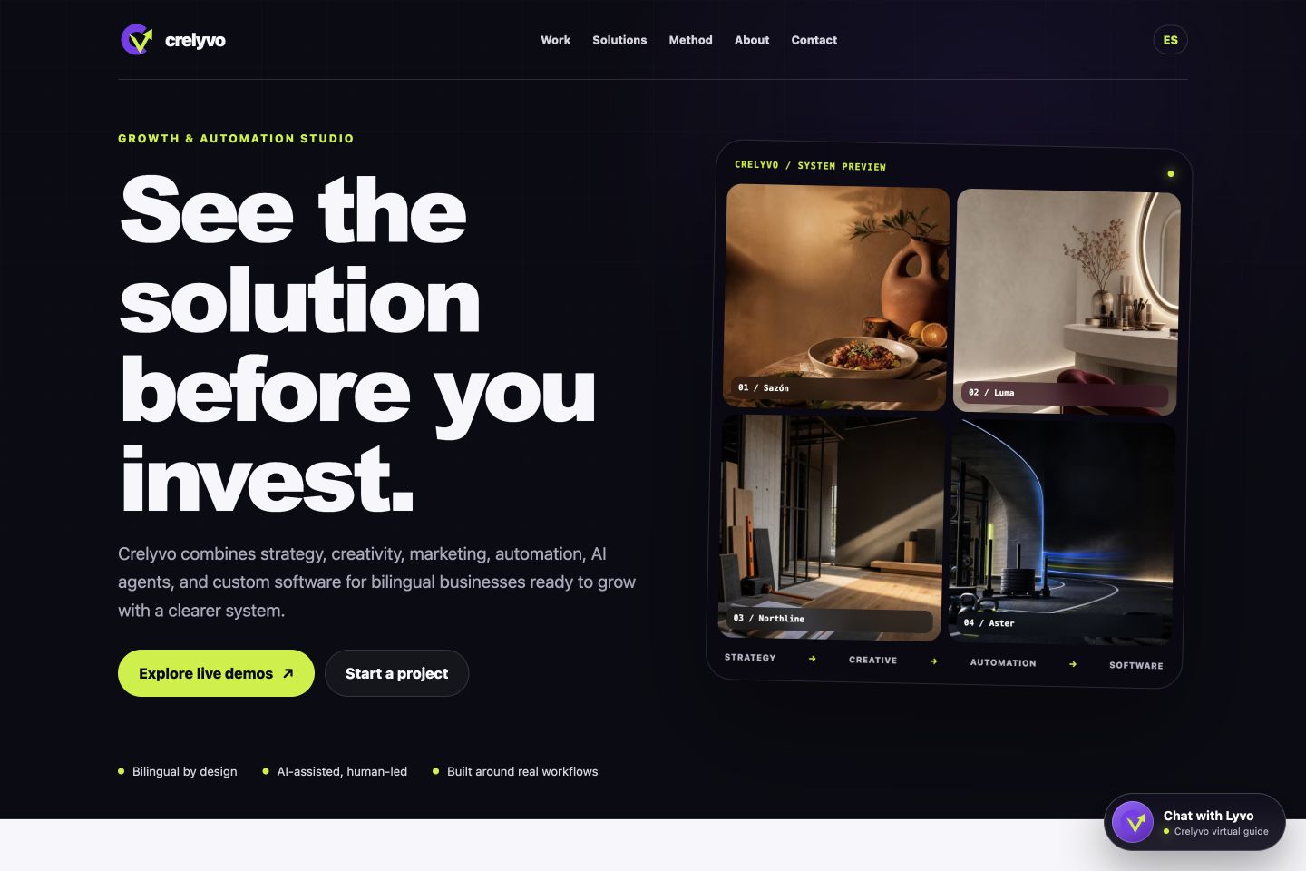 Crelyvo website and interactive project previews